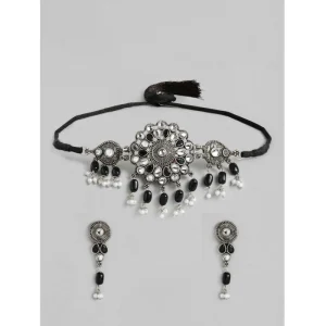 Generic Women's Rose Gold Plated Alloy Necklace & Earings Set (Black)