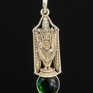 The Madhava Silver Venkateshwara Green Kemp Pendant (Oxidised)