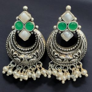 The Kiara Silver Chandbali Earrings( Green & Pearl)