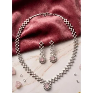 Generic Women's Brass Silver Plated Necklace set (Pink)