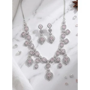 Generic Women's Brass Silver Plated Necklace set (Pink)