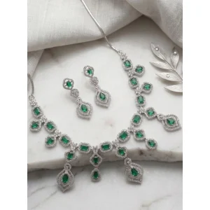 Generic Women's Brass Silver Plated Necklace set (Green)